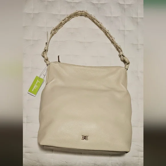 NWT Sam Edelman Bay Large Chainlink Hobo Pebble Leather Bag: Cream/Gold - Picture 5 of 15